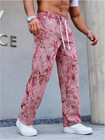 Men's Floral Pants Vintage Boho Pant Hippie Drawstring Waist Vacation Straight Leg Trousers with Pockets Streetwear in Saudi Arabia