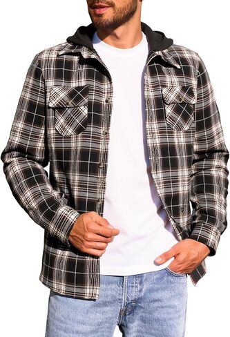 Yousify Mens Sherpa Flannel Shirt Jacket Fleece Lined Hooded Jacket Long Sleeve Button and Zipper Plaid Winter Coat in Kuwait