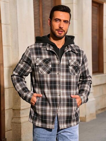 Yousify Mens Sherpa Flannel Shirt Jacket Fleece Lined Hooded Jacket Long Sleeve Button and Zipper Plaid Winter Coat in Kuwait
