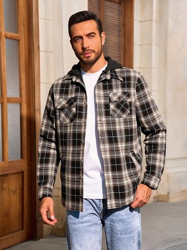 Yousify Mens Sherpa Flannel Shirt Jacket Fleece Lined Hooded Jacket Long Sleeve Button and Zipper Plaid Winter Coat in Kuwait