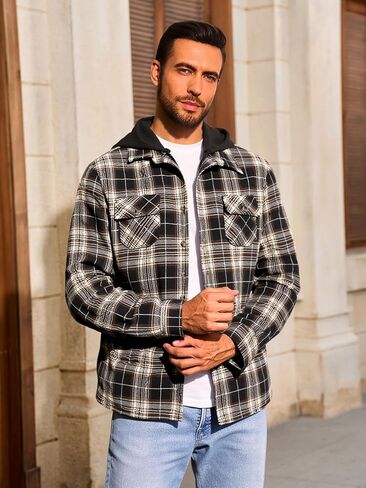 Yousify Mens Sherpa Flannel Shirt Jacket Fleece Lined Hooded Jacket Long Sleeve Button and Zipper Plaid Winter Coat in Kuwait