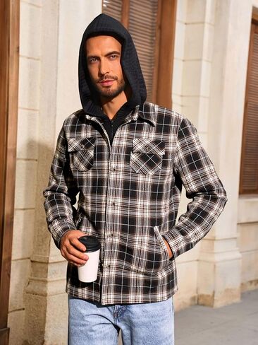 Yousify Mens Sherpa Flannel Shirt Jacket Fleece Lined Hooded Jacket Long Sleeve Button and Zipper Plaid Winter Coat in Kuwait