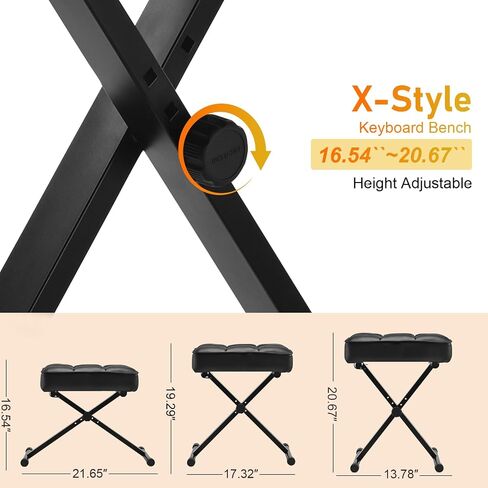 Keyboard Bench Adjustable Piano Stool - Extra Comfortable Piano Bench with High Rebound Sponge Cushion,No Deformation,Superior Support,X-Style Portable Foldable Piano Chair, 3 Height Adjustment(Black) in Saudi Arabia