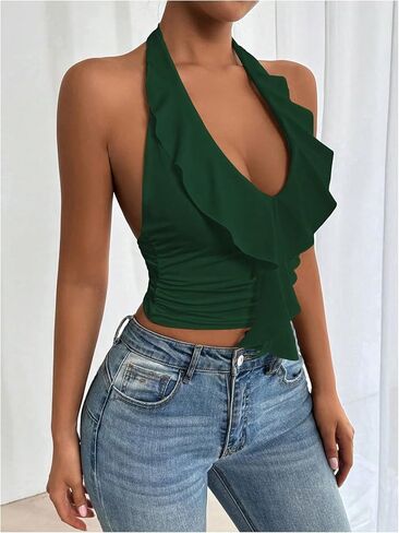 Soly Hux Women's Shulf Trim Tops Ruched v Neckless Out Out Out Out Brocs Tops in Saudi Arabia