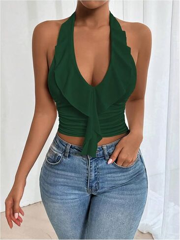 Soly Hux Women's Shulf Trim Tops Ruched v Neckless Out Out Out Out Brocs Tops in Saudi Arabia