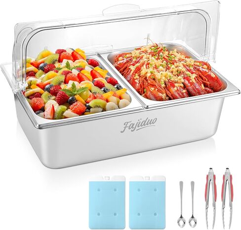 Countertop Ice Food Serving Display Container, Spice Display Salad Dressing Cooler, Stainless Steel Food Serving Tray Buffet Condiment Dispenser with Clear Roll Top Cover in Kuwait