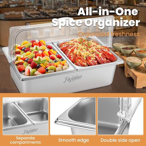 Countertop Ice Food Serving Display Container, Spice Display Salad Dressing Cooler, Stainless Steel Food Serving Tray Buffet Condiment Dispenser with Clear Roll Top Cover in Kuwait