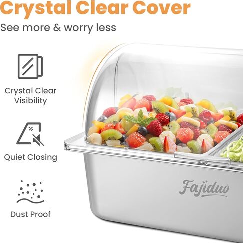 Countertop Ice Food Serving Display Container, Spice Display Salad Dressing Cooler, Stainless Steel Food Serving Tray Buffet Condiment Dispenser with Clear Roll Top Cover in Kuwait