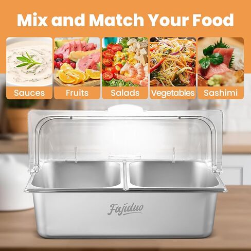 Countertop Ice Food Serving Display Container, Spice Display Salad Dressing Cooler, Stainless Steel Food Serving Tray Buffet Condiment Dispenser with Clear Roll Top Cover in Kuwait