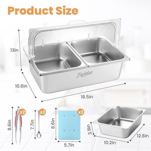 Countertop Ice Food Serving Display Container, Spice Display Salad Dressing Cooler, Stainless Steel Food Serving Tray Buffet Condiment Dispenser with Clear Roll Top Cover in Kuwait