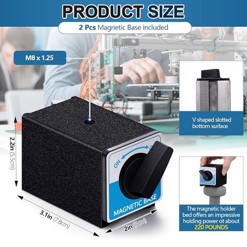 Kingdder 2 PCS 10T Base Base حامل السرير/إيقاف تشغيله 220 رطلاً ، سرير حامل مغناطيسي الطاقة M8 X 1.25 حامل قابلة للتبديل دون تعديل ذراع للمؤشر 3.1 "× 2.2" × 2 " in Kuwait