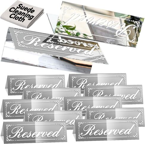 12 Pcs 6" x 2" Silver Reserved Table Signs, Mirrored Double Sided Table Tent Signs with Suede Cloth, Reservation Seat Indicators for Wedding Restaurant Party in Saudi Arabia