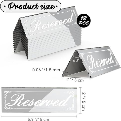 12 Pcs 6" x 2" Silver Reserved Table Signs, Mirrored Double Sided Table Tent Signs with Suede Cloth, Reservation Seat Indicators for Wedding Restaurant Party in Saudi Arabia