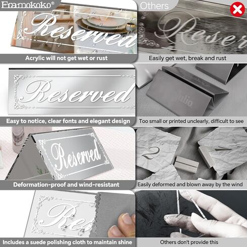 12 Pcs 6" x 2" Silver Reserved Table Signs, Mirrored Double Sided Table Tent Signs with Suede Cloth, Reservation Seat Indicators for Wedding Restaurant Party in Saudi Arabia