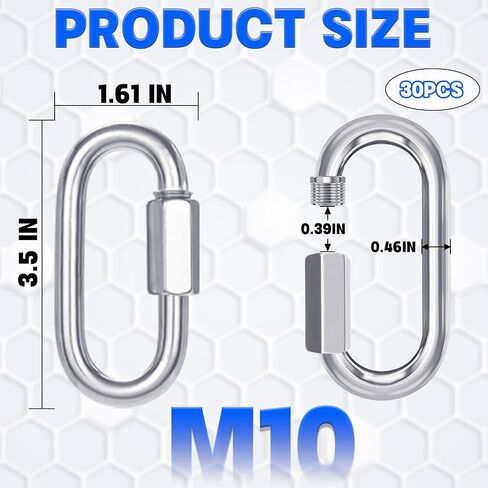 30-Pack M10 Quick Links Screw, 4Inch Threaded Quick Chain Link Connectors, 3/8" Heavy Duty Locking Carabiners, 2000 LBS Capacity Anti-Rust Chain Hooks for Towing, Swings, Shade Sails and Bird Toys in Saudi Arabia