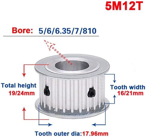 HTD 5M-12T Timing Belt Pulley 5mm Pitch 5mm Bore 16mm Width Synchronous Wheel (Bore:5mm, Tooth Width:16mm) in Saudi Arabia