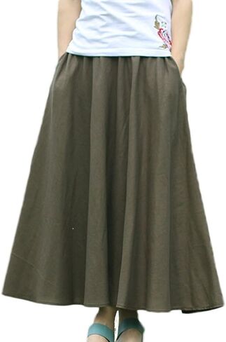 Soojun Women's Solid Cotton Linen Retro Vintage A-line Long Flowy Skirts in Saudi Arabia