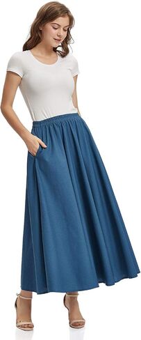 Soojun Women's Solid Cotton Linen Retro Vintage A-line Long Flowy Skirts in Saudi Arabia