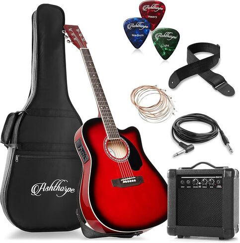 Ashthorpe Full-Size Thinline Cutaway Acoustic Electric Guitar Package with 10 Watt Amp - Black in Kuwait
