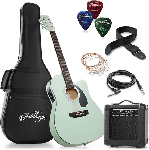 Ashthorpe Full-Size Thinline Cutaway Acoustic Electric Guitar Package with 10 Watt Amp - Black in Kuwait