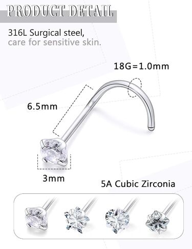 18G 20G Nose Rings Studs Piercing Jewelry For Women Men 316L Surgical Steel Round Square Heart Star Cubic Zirconia Nose Rings Studs Nostrial Piercing Jewelry For Women Men Clear Pink CZ 3mm in Saudi Arabia