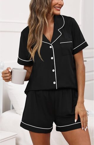 بيجامات للنساء مجموعة 2 قطعة PJ مجموعات قصيرة العروس زر النوم لأعلى in Kuwait