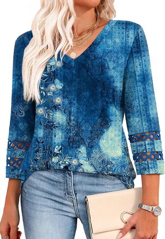 Xieerduo 3/4 طول الأكمام توبس قمم ملابس غير رسمية للنساء 2025 العصرية v الرقبة T القمصان الصيفية in Kuwait