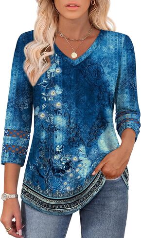 Xieerduo 3/4 طول الأكمام توبس قمم ملابس غير رسمية للنساء 2025 العصرية v الرقبة T القمصان الصيفية in Kuwait