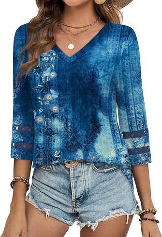 Xieerduo 3/4 طول الأكمام توبس قمم ملابس غير رسمية للنساء 2025 العصرية v الرقبة T القمصان الصيفية in Kuwait