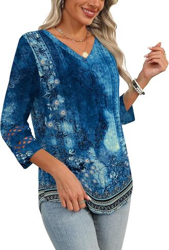 Xieerduo 3/4 طول الأكمام توبس قمم ملابس غير رسمية للنساء 2025 العصرية v الرقبة T القمصان الصيفية in Kuwait
