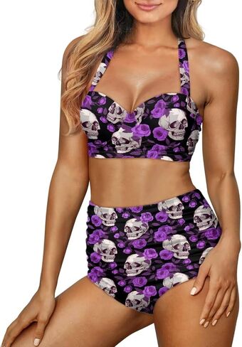 Cute Cartoon Animals Print Women's Halter Bikini Set, Trendy 2 Piece Tummy Control High-Waisted Bathing Suits in Saudi Arabia