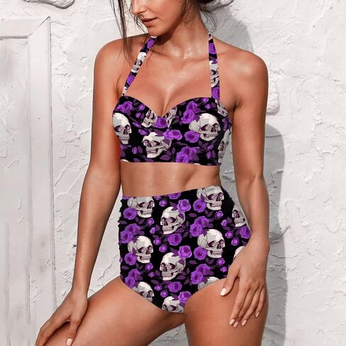 Cute Cartoon Animals Print Women's Halter Bikini Set, Trendy 2 Piece Tummy Control High-Waisted Bathing Suits in Saudi Arabia