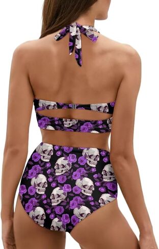 Cute Cartoon Animals Print Women's Halter Bikini Set, Trendy 2 Piece Tummy Control High-Waisted Bathing Suits in Saudi Arabia