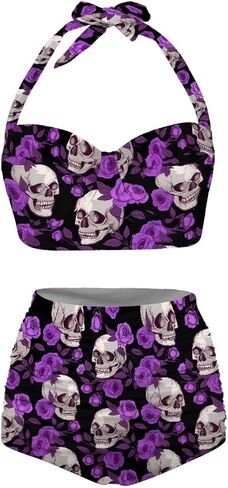 Cute Cartoon Animals Print Women's Halter Bikini Set, Trendy 2 Piece Tummy Control High-Waisted Bathing Suits in Saudi Arabia