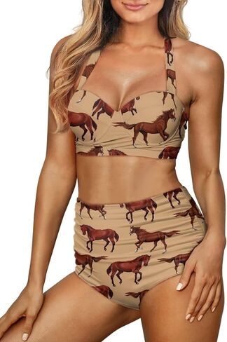 Cute Cartoon Animals Print Women's Halter Bikini Set, Trendy 2 Piece Tummy Control High-Waisted Bathing Suits in Saudi Arabia