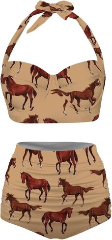 Cute Cartoon Animals Print Women's Halter Bikini Set, Trendy 2 Piece Tummy Control High-Waisted Bathing Suits in Saudi Arabia