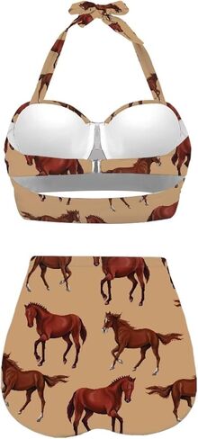 Cute Cartoon Animals Print Women's Halter Bikini Set, Trendy 2 Piece Tummy Control High-Waisted Bathing Suits in Saudi Arabia