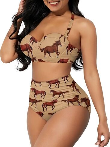 Cute Cartoon Animals Print Women's Halter Bikini Set, Trendy 2 Piece Tummy Control High-Waisted Bathing Suits in Saudi Arabia