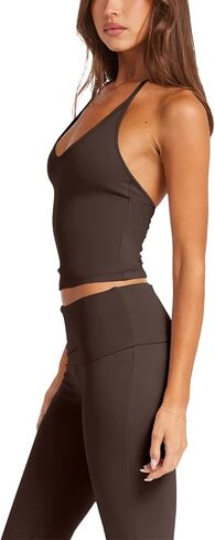 Womens Double Lined Workout Tops Backless Basic Black Crop Tank Tops Athletic Fitness Summer 2025 Adjustable Straps Camisole Sexy V Neck Slim Fit Pilates(Black,Medium) in Kuwait