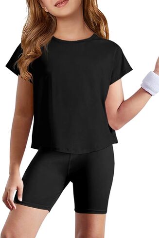 Haloumoning Girls Loose Athletic Shirts Short Sleeve Crop Tops Kids Quick Dry Gym Yoga Tees 5-14 Years in Kuwait