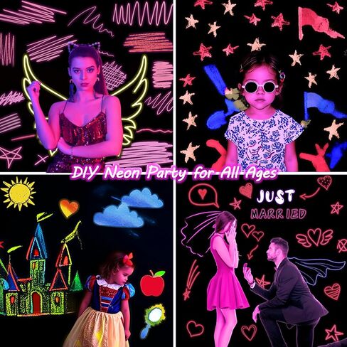 Mega-l Glow in the Dark Party Supplies ، زخارف الحفلات النيون DIY مع 4 أقلام ملونة الفلورسنت ، دعنا نتوهج الخلفية الخلفية عيد ميلاد نوم على غرار الأسود in Kuwait