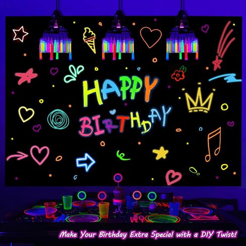 Mega-l Glow in the Dark Party Supplies ، زخارف الحفلات النيون DIY مع 4 أقلام ملونة الفلورسنت ، دعنا نتوهج الخلفية الخلفية عيد ميلاد نوم على غرار الأسود in Kuwait