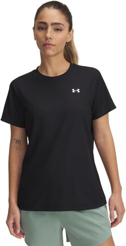 Under Under Armor Women Tech Ribbed Sleeve Crew ، (001) أسود / / أبيض ، كبير in Saudi Arabia