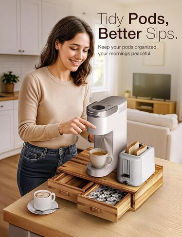Tinamo Acacia Wood K Cup Organizer Coffee Pod Bod ، قرون القهوة وحامل منظم الشاي ، K Pod Drawer Coffee Maker Stand ، منظم درج KCUP تحت Brewer (Acacia ، درجان) in Saudi Arabia