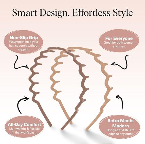 Kitsch Zig Zag Headbands, Recycled Plastic Wavy Hair Band with Teeth, Headband for Women and Men, Classic 90s Hair Accessories, 2pcs (Black and Brown) in Kuwait