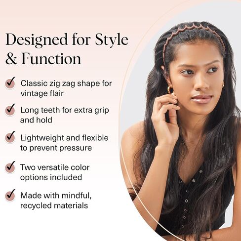 Kitsch Zig Zag Headbands, Recycled Plastic Wavy Hair Band with Teeth, Headband for Women and Men, Classic 90s Hair Accessories, 2pcs (Black and Brown) in Kuwait