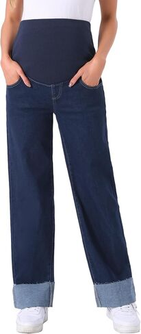Women Maternity Jeans Straight Leg Cuffed Hem Stretchy Over The Belly Support Pregnancy Denim Pants in Kuwait