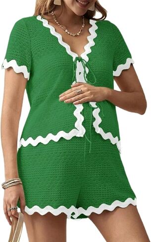 MakeMeChic Women's Maternity 2 Piece Outfits Summer V Neck Short Sleeve Tee Top and Shorts Set in Saudi Arabia