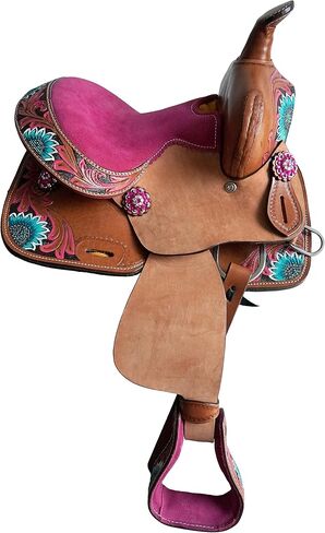 12 "سرج جلدي من Western Pony Youth مع زهرة مطلية باليد ومقعد من جلد الغزال المطابق in Kuwait