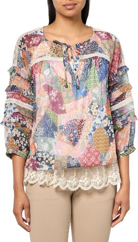 John Mark Women's Mix Yarn Dye Stripe Button Front with Print Accent and Embroidery in Saudi Arabia